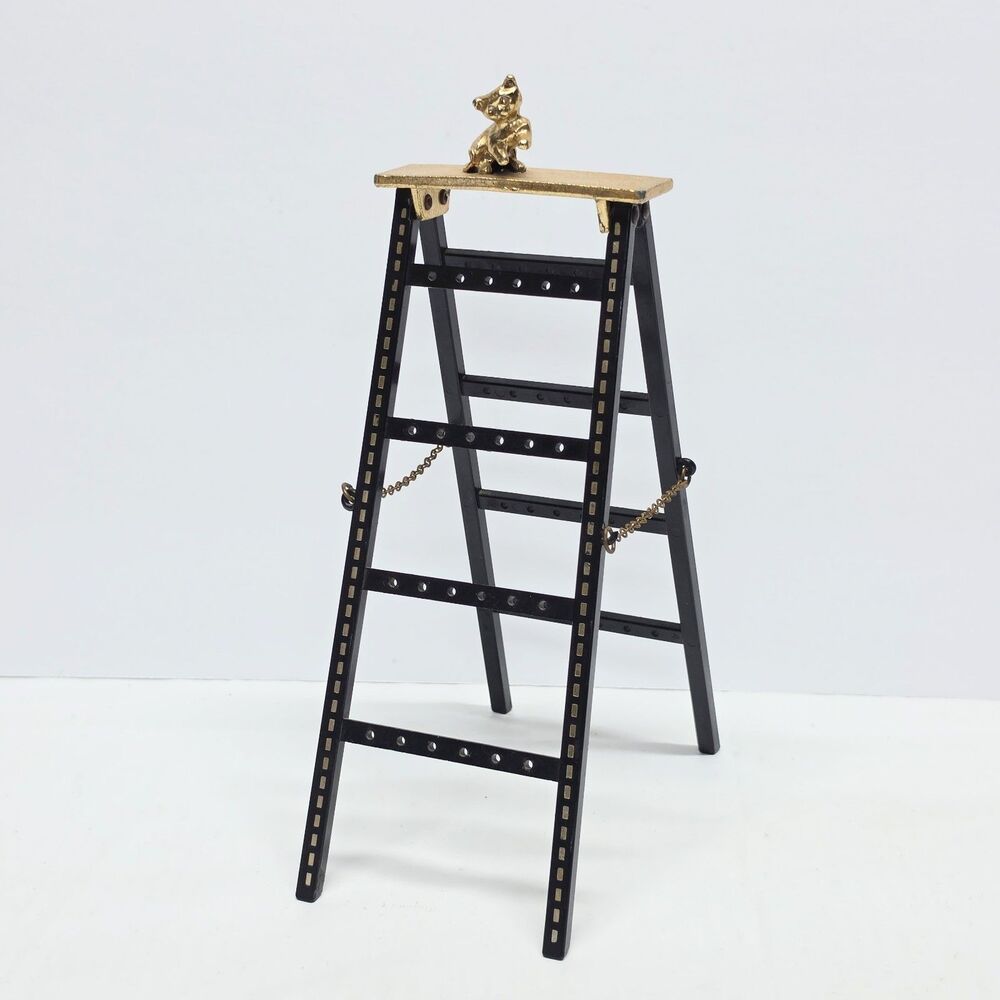 Vintage Jameco Gold Tone Kitten Cat Black Ladder Earrings Holder Stand Organizer